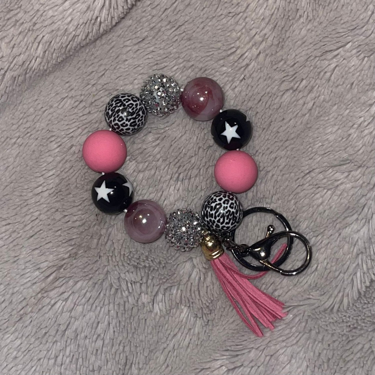 Pink Leopard Beaded Wristlet Keychain