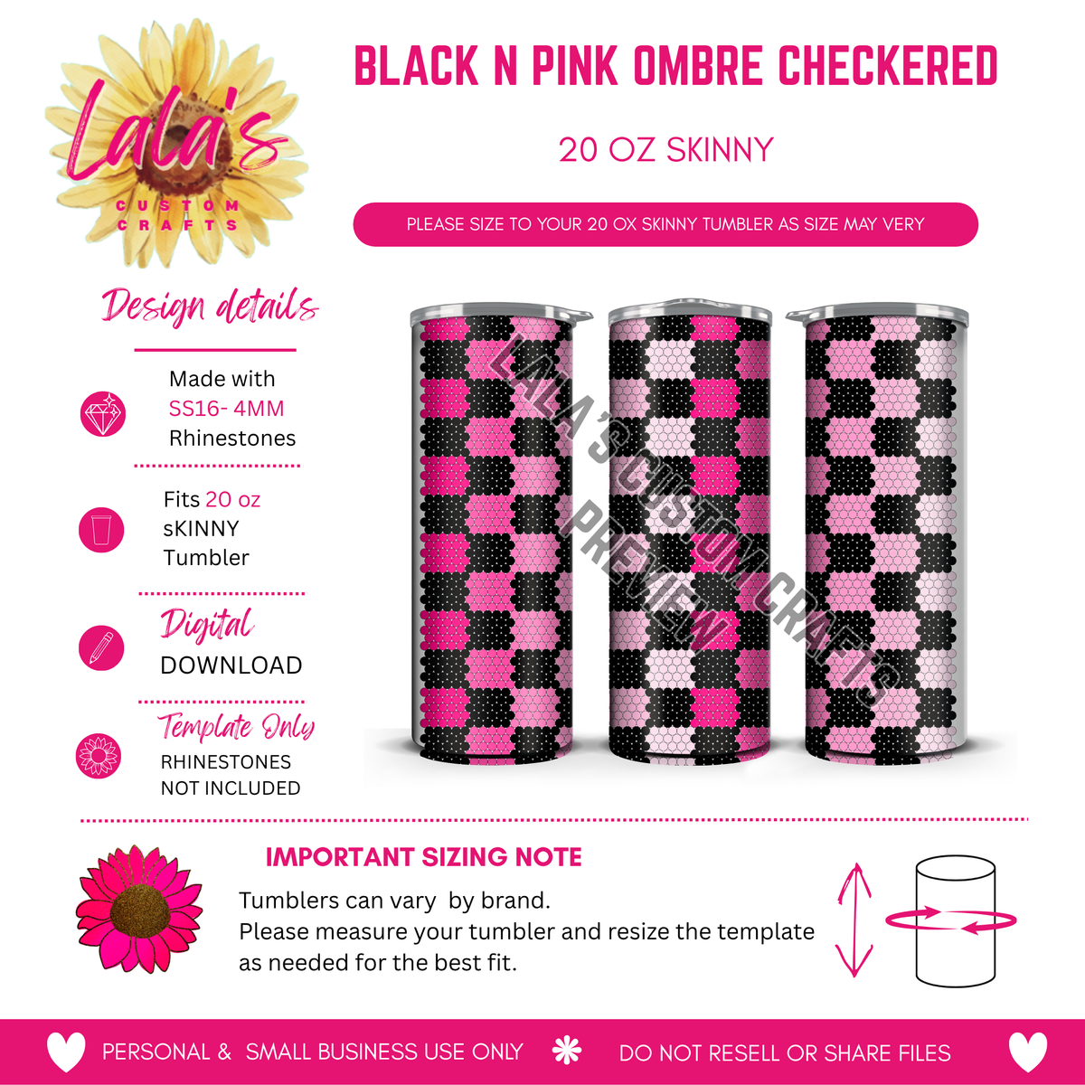 Black N Pink Ombre Checkered | 20 oz Skinny Rhinestone Tumbler Template