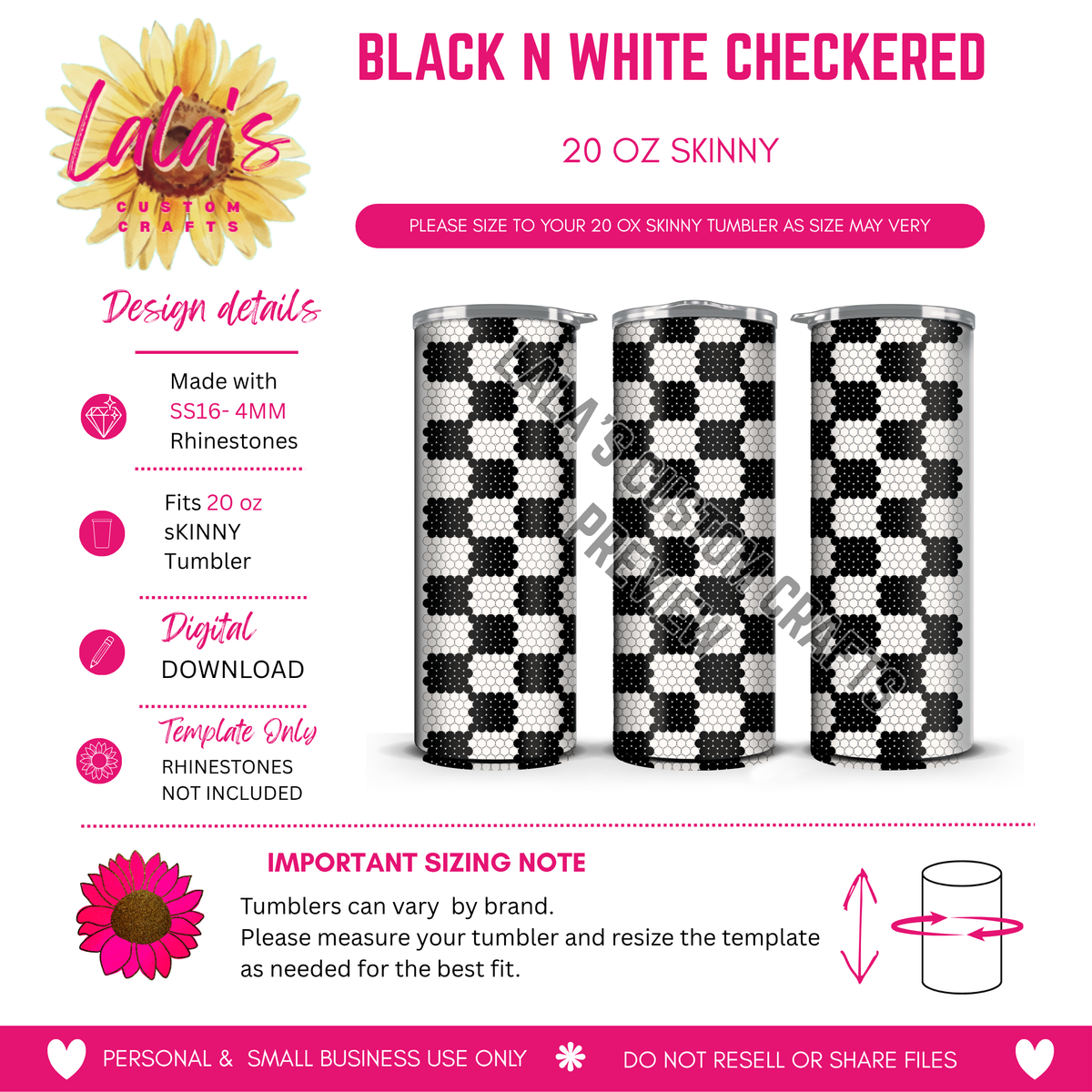 Black N White Checkered | 20 oz Skinny Rhinestone Tumbler Template