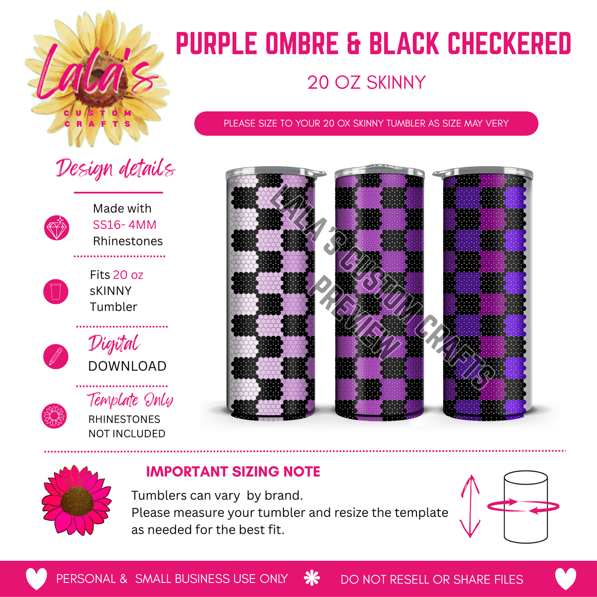 Purple Ombre & Black Checkered | 20 oz Skinny Rhinestone Tumbler Template