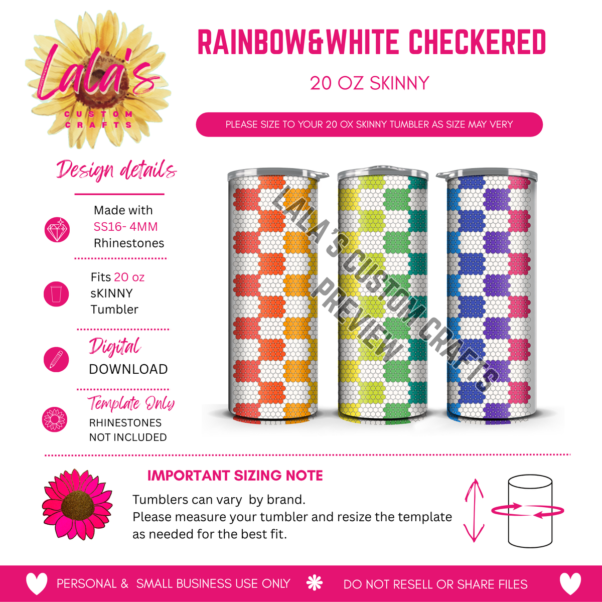Rainbow & White Checkered | 20 oz Skinny Rhinestone Tumbler Template