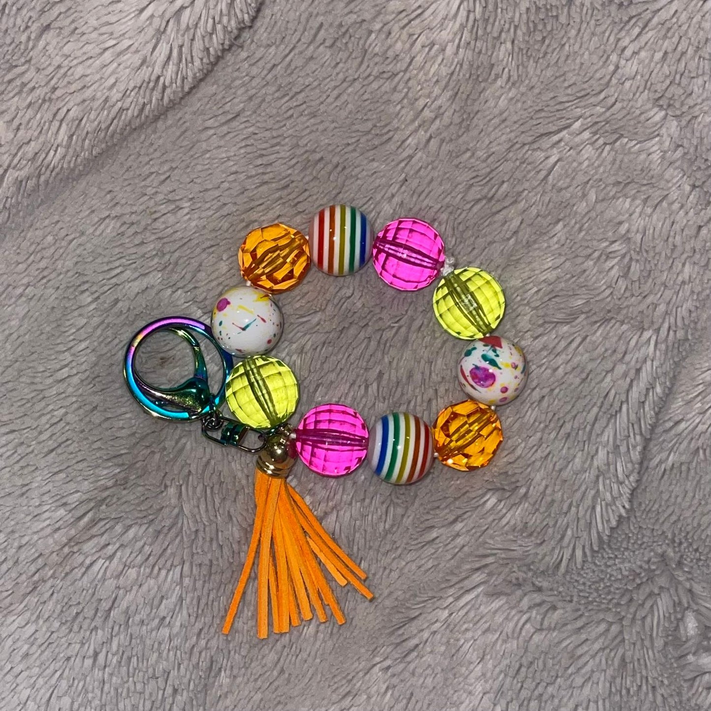Bright Rainbow Beaded Wristlet Keychain with Neon Tassel