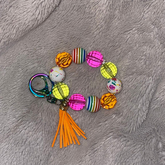 Bright Rainbow Beaded Wristlet Keychain with Neon Tassel