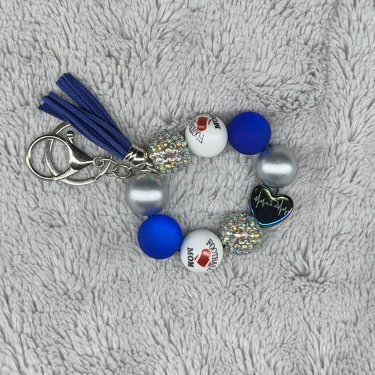 Football Mom Blue & Silver Beaded Wristlet Keychain with Heartbeat Heart Charm
