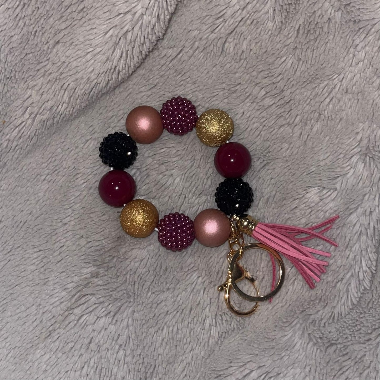 Elegant Blush Pink &amp; Burgundy Beaded Keychain Wristlet with Tassel