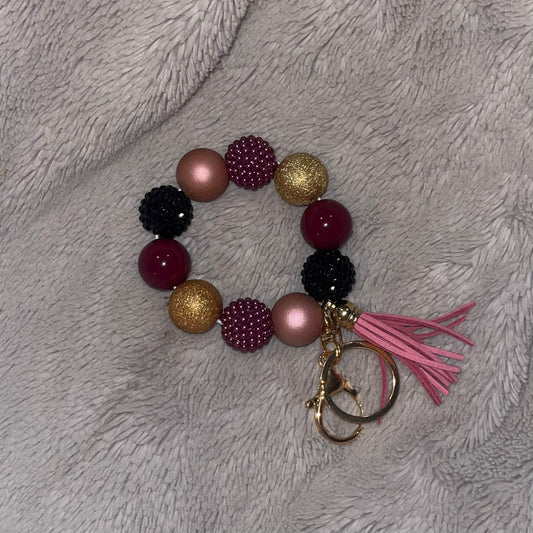 Elegant Blush Pink &amp; Burgundy Beaded Keychain Wristlet with Tassel