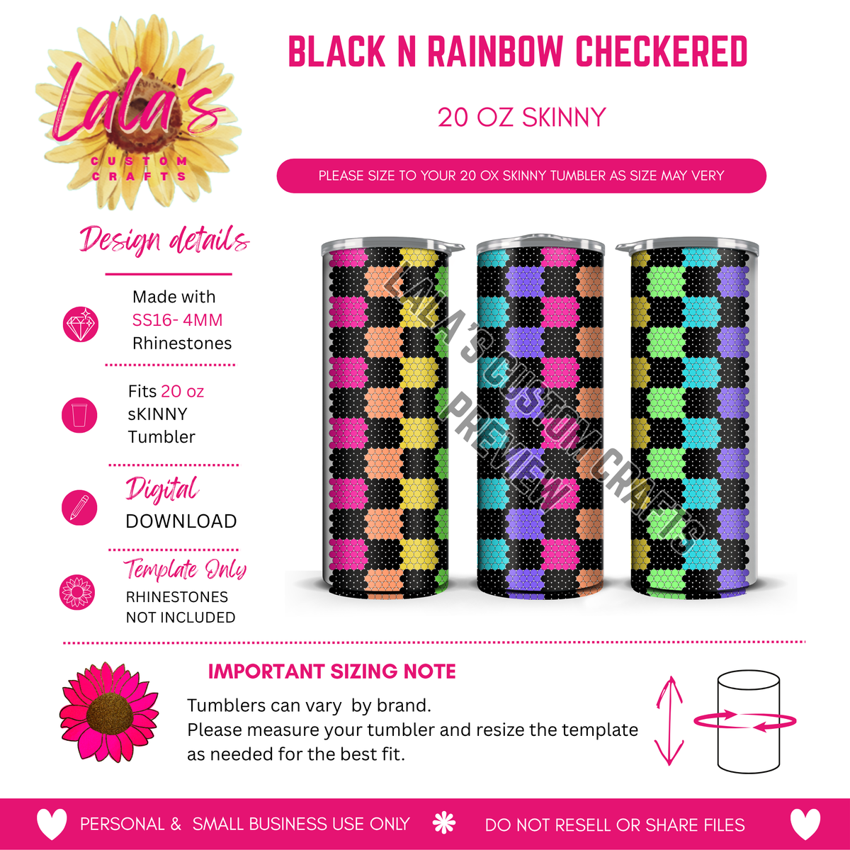 Black N Rainbow Checkered | 20 oz Skinny Rhinestone Tumbler Template